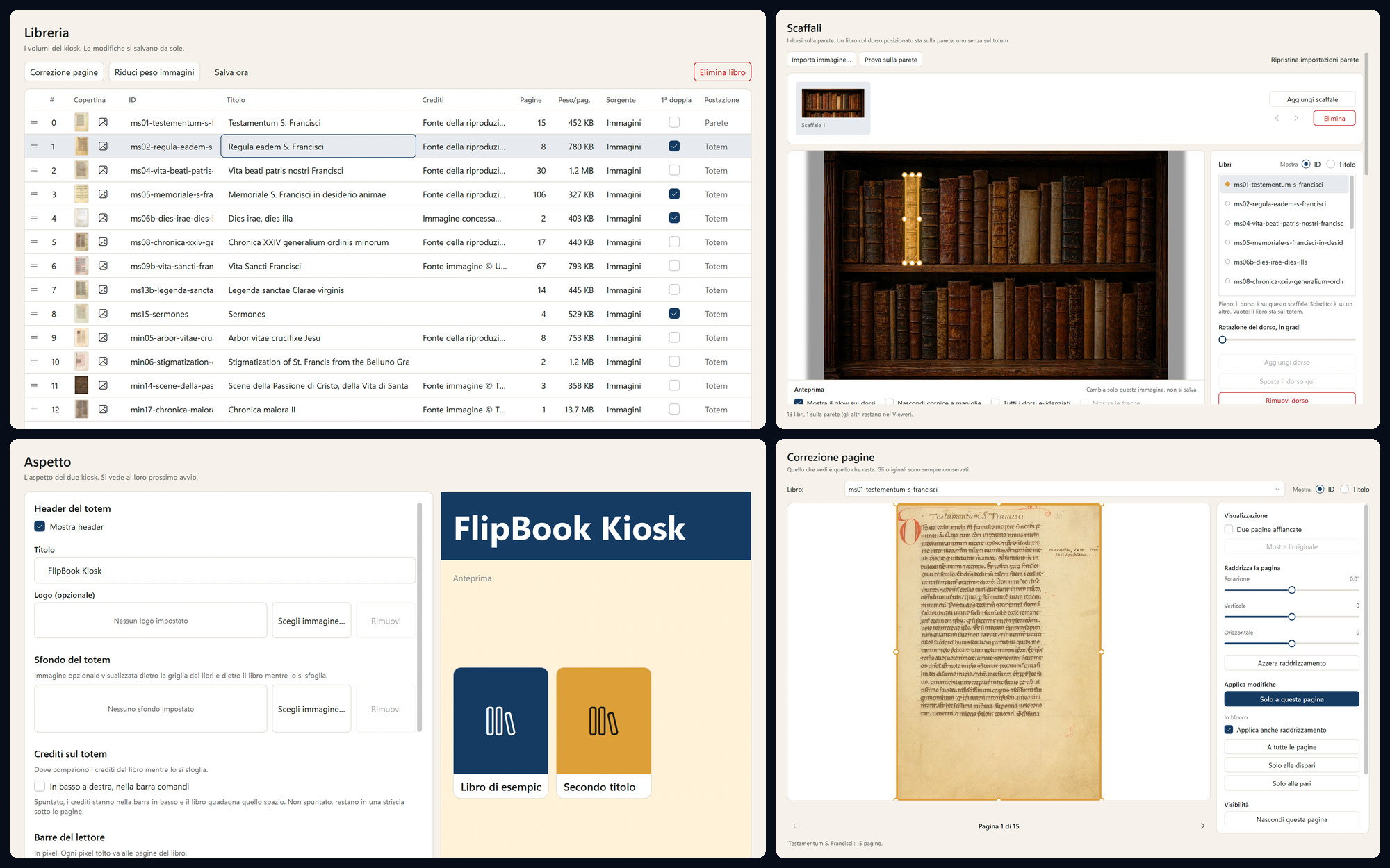 Quattro pagine di FlipBook.Editor: la libreria dei volumi, l'editor dello scaffale, la pagina Aspetto e la correzione delle pagine